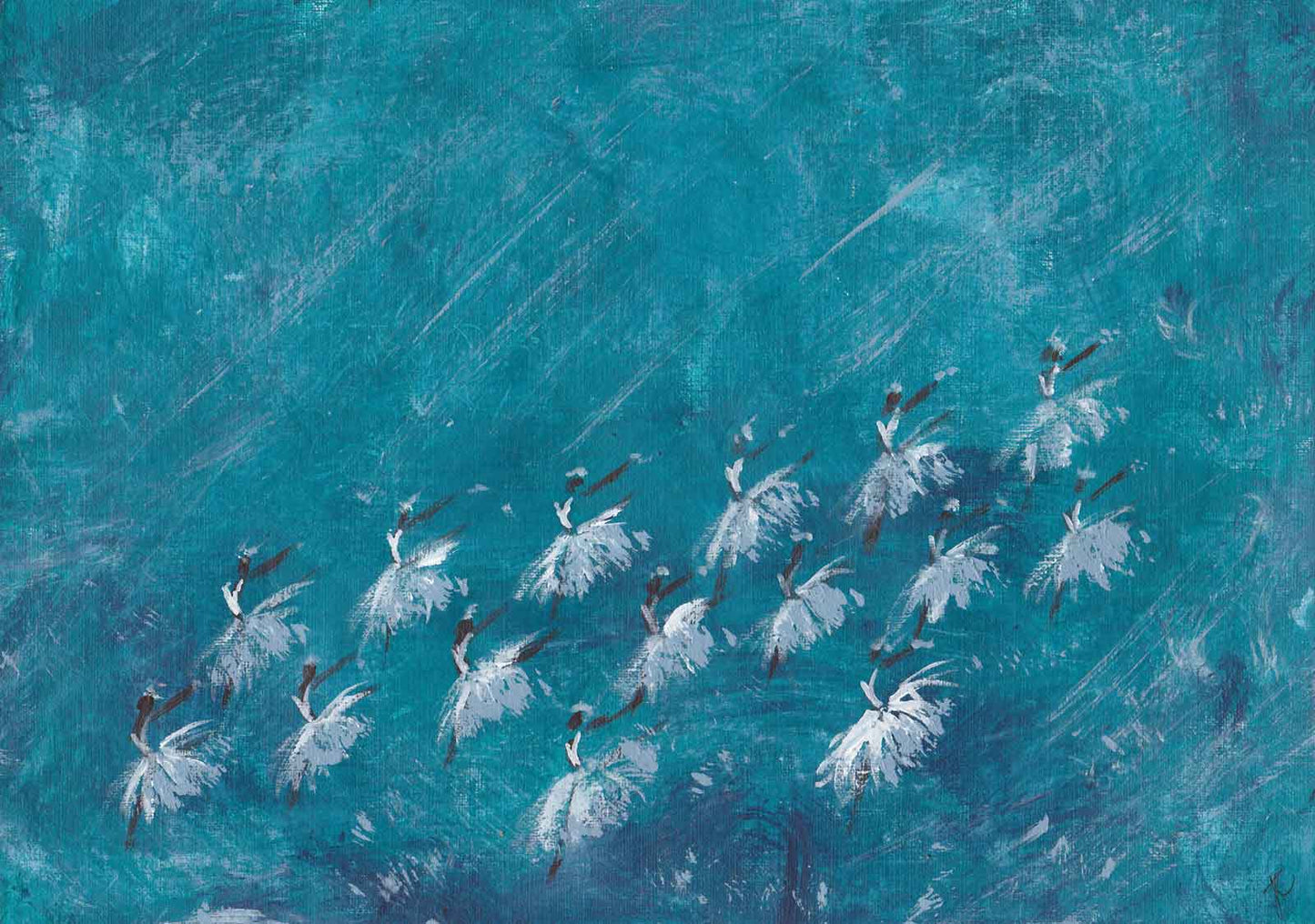 Painting of corps de ballet in snowflake costumes