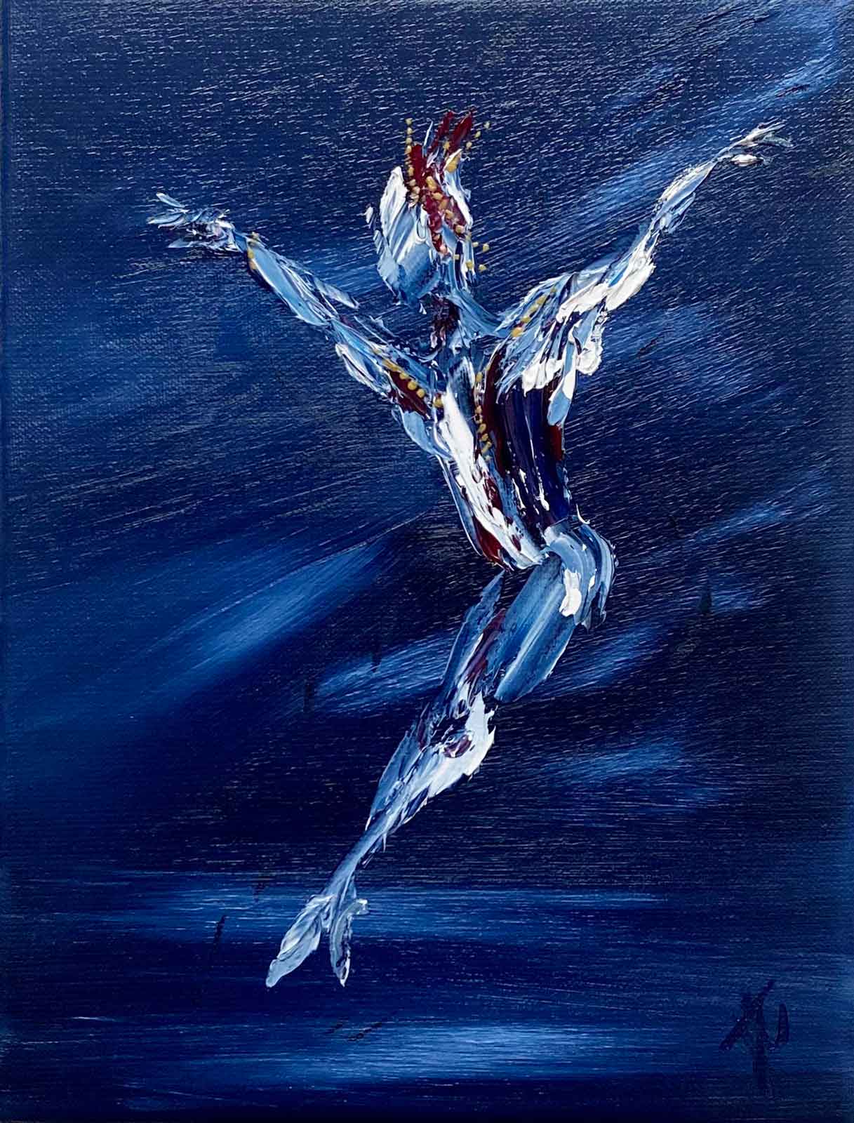 Stylised oil painting of danseur midleap against a blue background