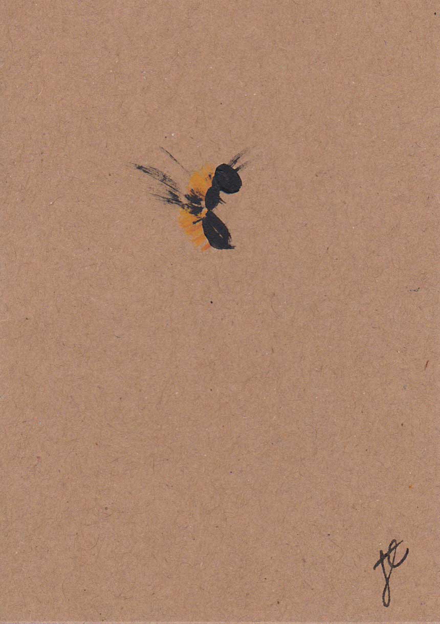 Small abstract paint sketch of a bee on brown paper with a signature at the bottom right corner.