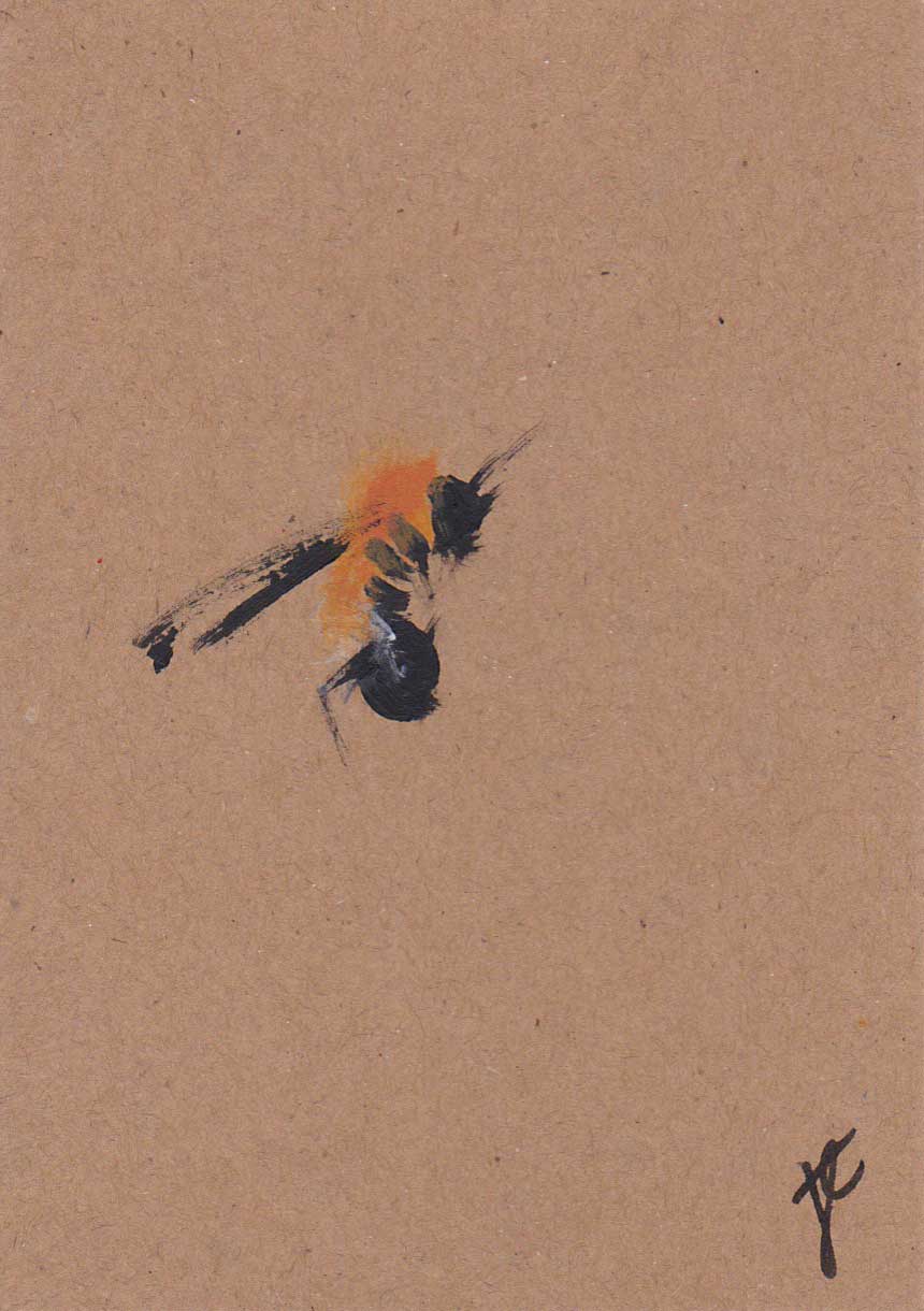 Stylised painting of a bee painted on natural brown card