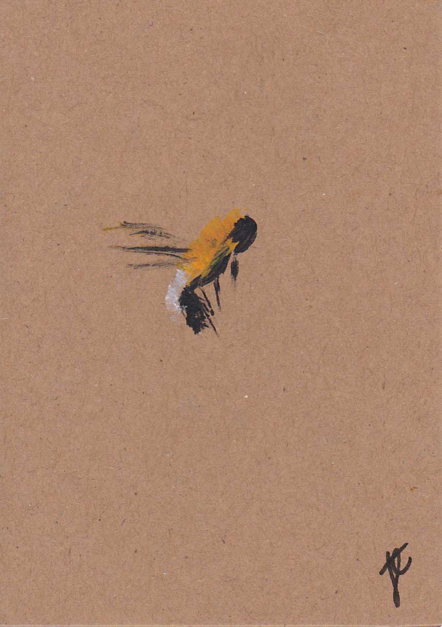 Abstract painting of a bee on a natural brown card
