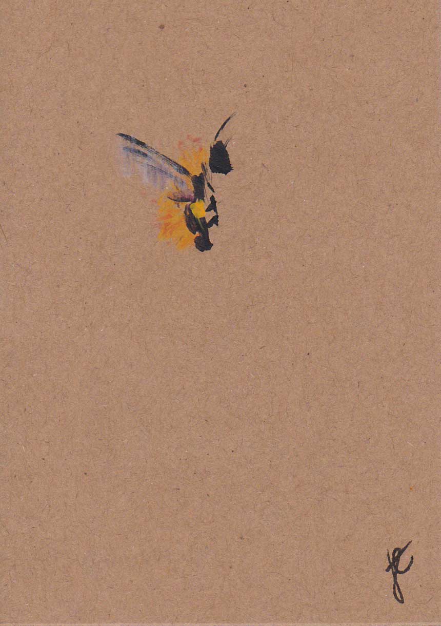 Small paint sketch of a stylised bee on a natural brown card
