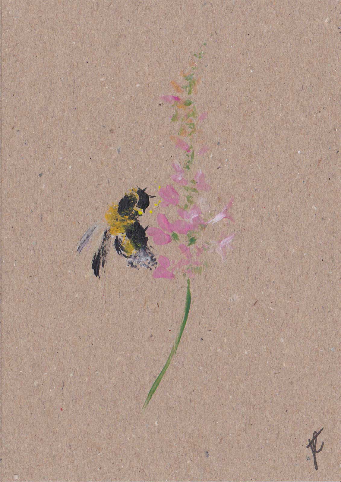 Illustration art card of a bee on pink flowers on recycled card
