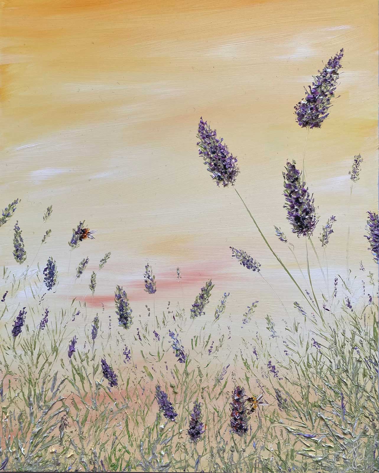 Painting of lavender flowers and bees against a golden sunset sky.