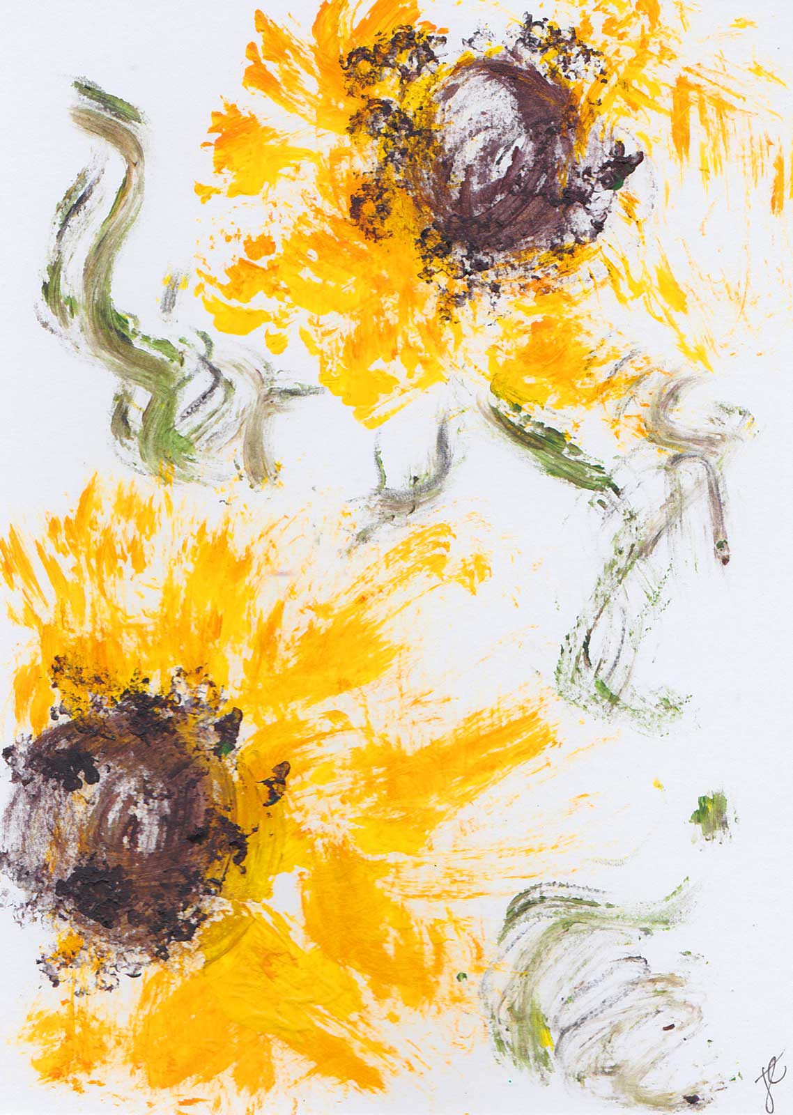 Abstract greetings card painting of sunflowers with bright yellow petals and brown hearts on a white background.