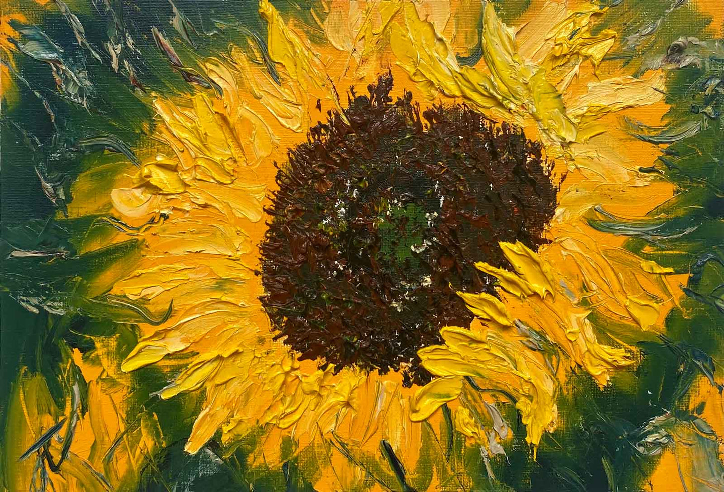 Textured sunflower painting of single bloom in full flower