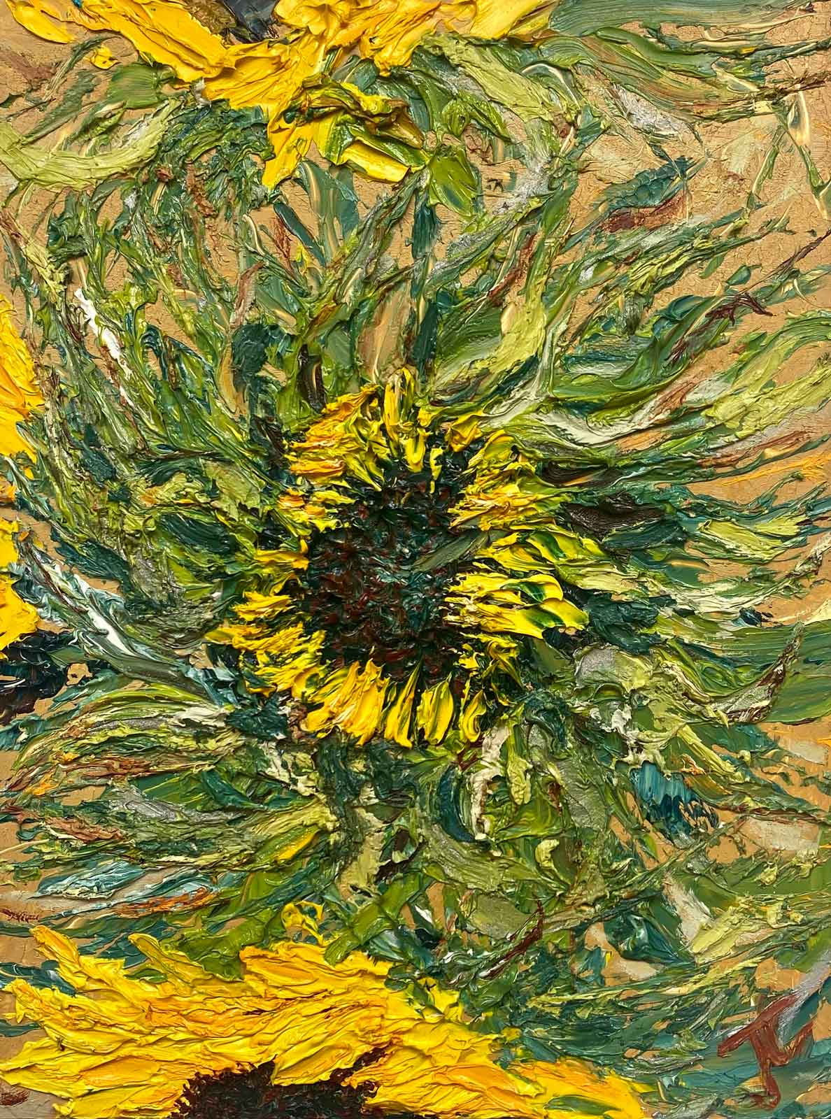 Textured sunflower painting with partly open centre bloom with whirling sepals and open blooms to the edges