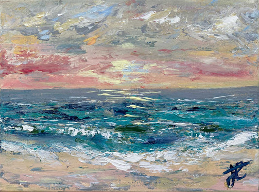 Painting of a coastal scene with a colourful sunset sky, ocean and beach.
