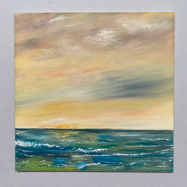 Square format abstract painting of a sunset over water with warm colours and textured brushwork