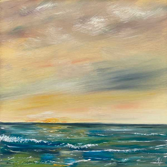 Square format abstract painting of a sunset over water with warm colours