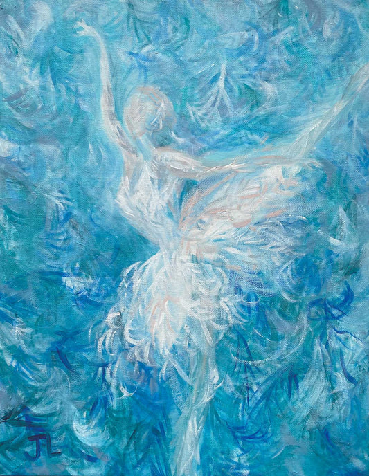 Swan ballerina painting with blue and white theme