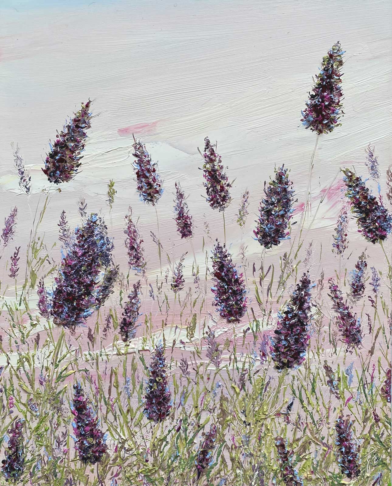 Artistic depiction of delicately textured lavender flowers on an atmospheric lilac background