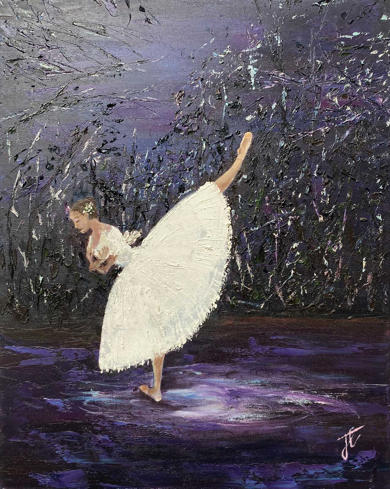 Ballerina painting with figure in white romantic tutu depicted against a textured purple forest backdrop and stage