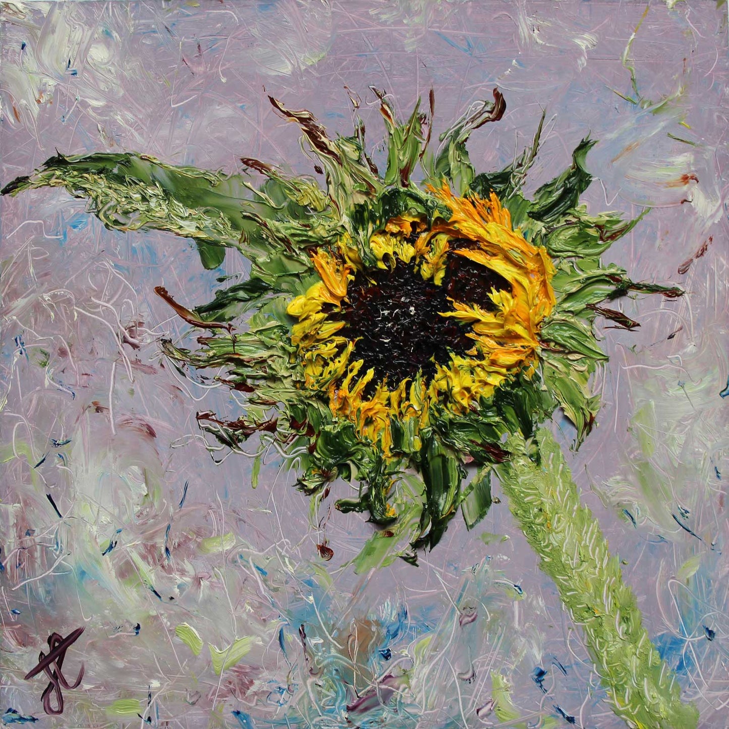 Textured painting of sunflower partially open against a lilac background