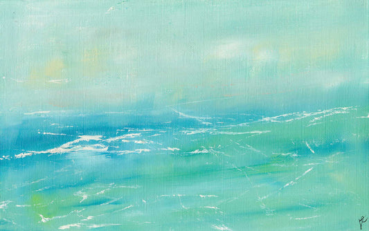 Seascape sketch in turquoise and aqua palette with textured crests on the waves
