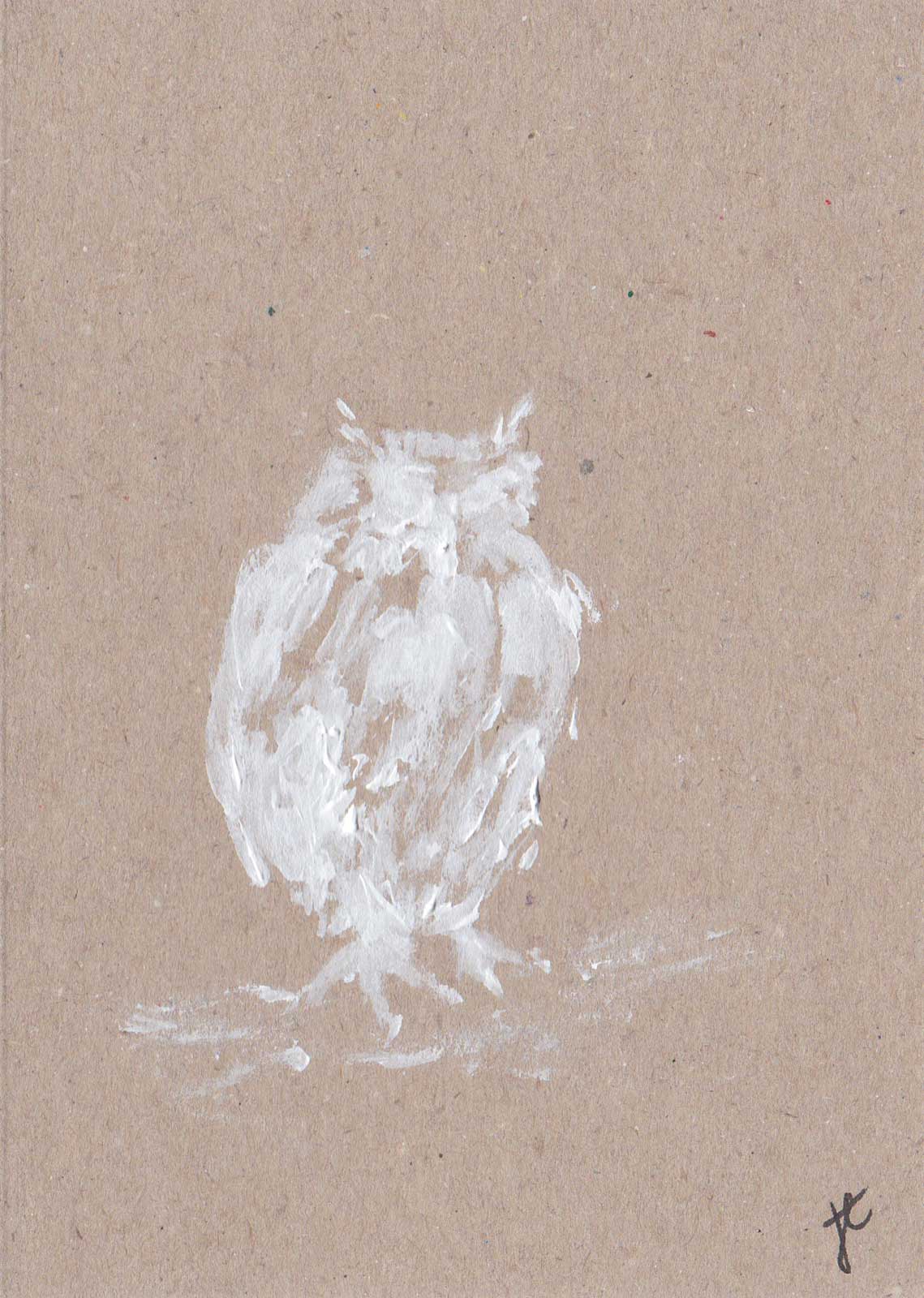 A textured white painted owl on a brown kraft paper background, with a small artist signature in the bottom right corner.