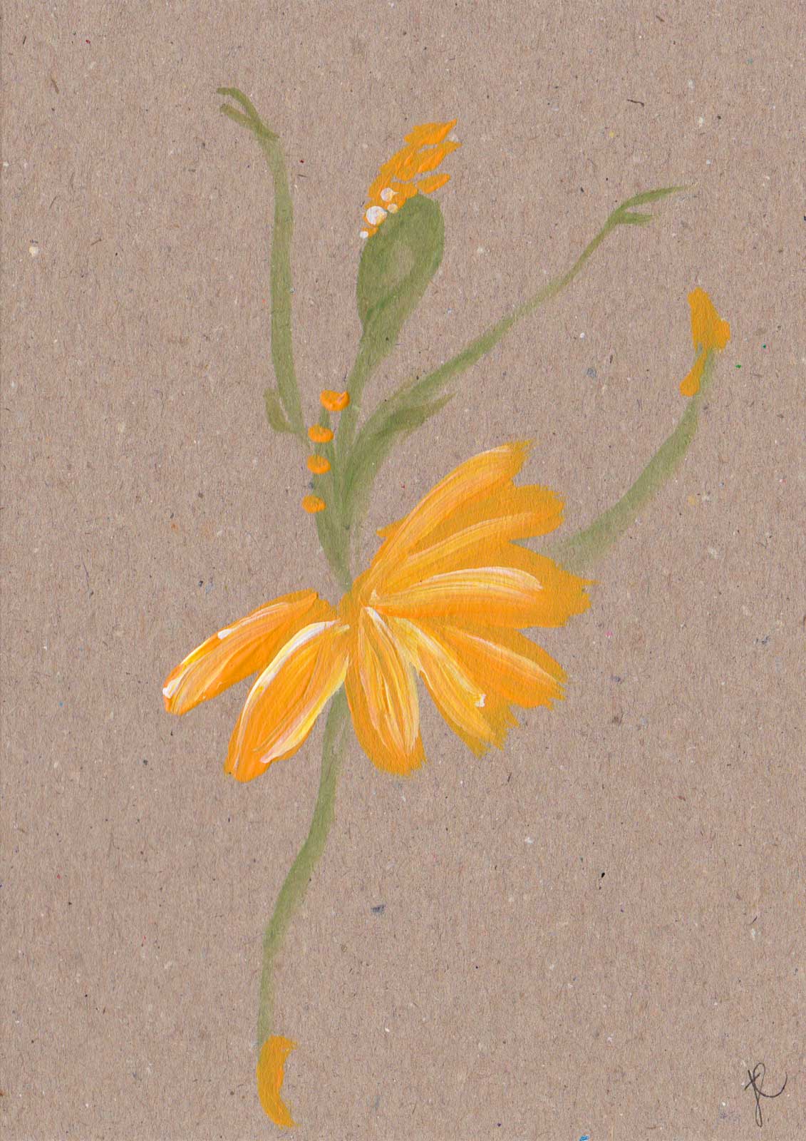 Hand-painted greetings card with a stylised ballerina in a yellow flower tutu costume on a textured brown background
