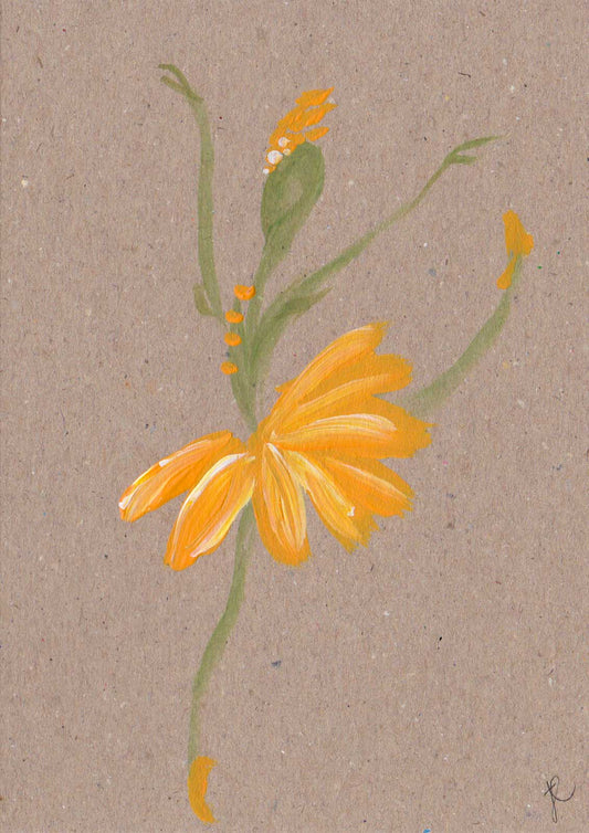 Hand-painted greetings card with a stylised ballerina in a yellow flower tutu costume on a textured brown background