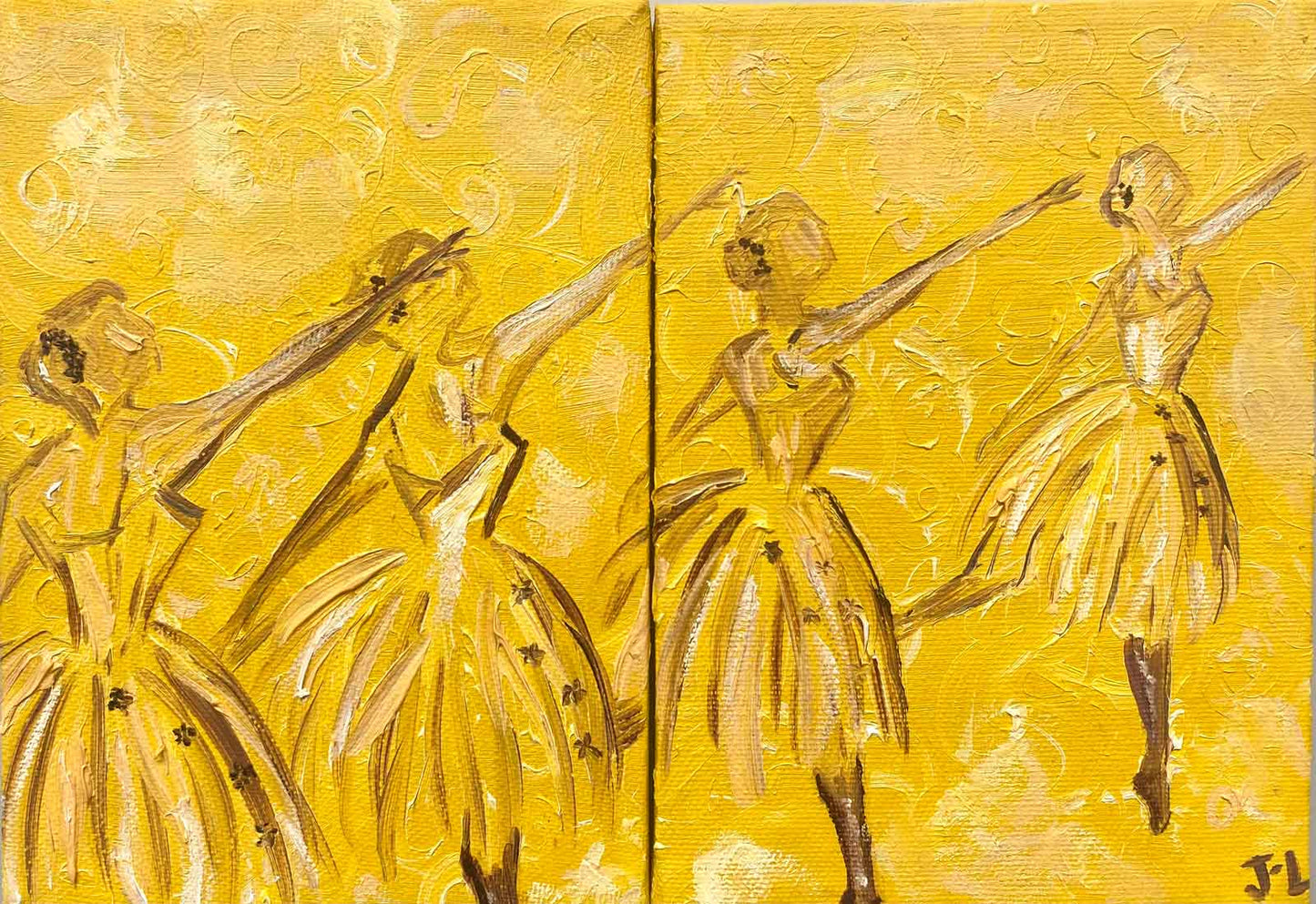 Yellow diptych painting of 4 ballerinas poised in arabesque