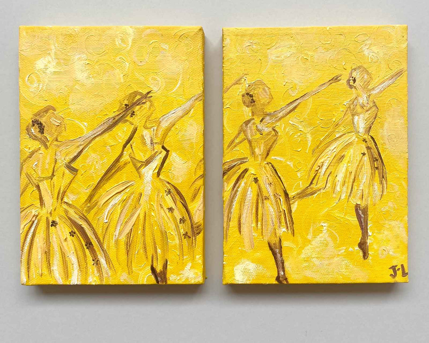Yellow diptych of 4 ballerinas photographed against grey backfround
