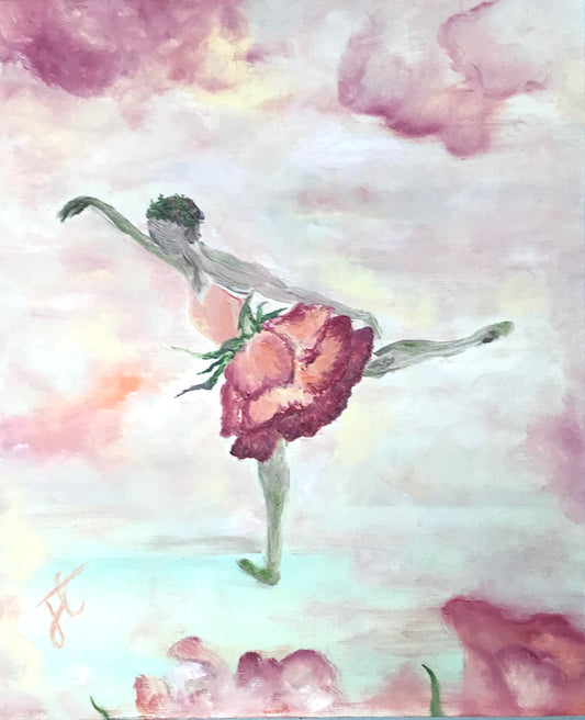 Photograph of painting cropped to edge: a ballerina figure is in a penché, viewed from the side. Her tutu is composed of rose petals, fading from darker pink at the edges to a peachier shade towards the base. The painting's background is soft sunset colours with some subtle rose-like forms towards the edges.