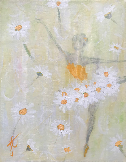 Painting shown cropped to edges: a ballerina poised in arabesque to the right hand side of the canvas. She wears a tutu with a deep yellow bodice and a skirt of white daisies with yellow centres. There are daisies on the softly coloured background too.