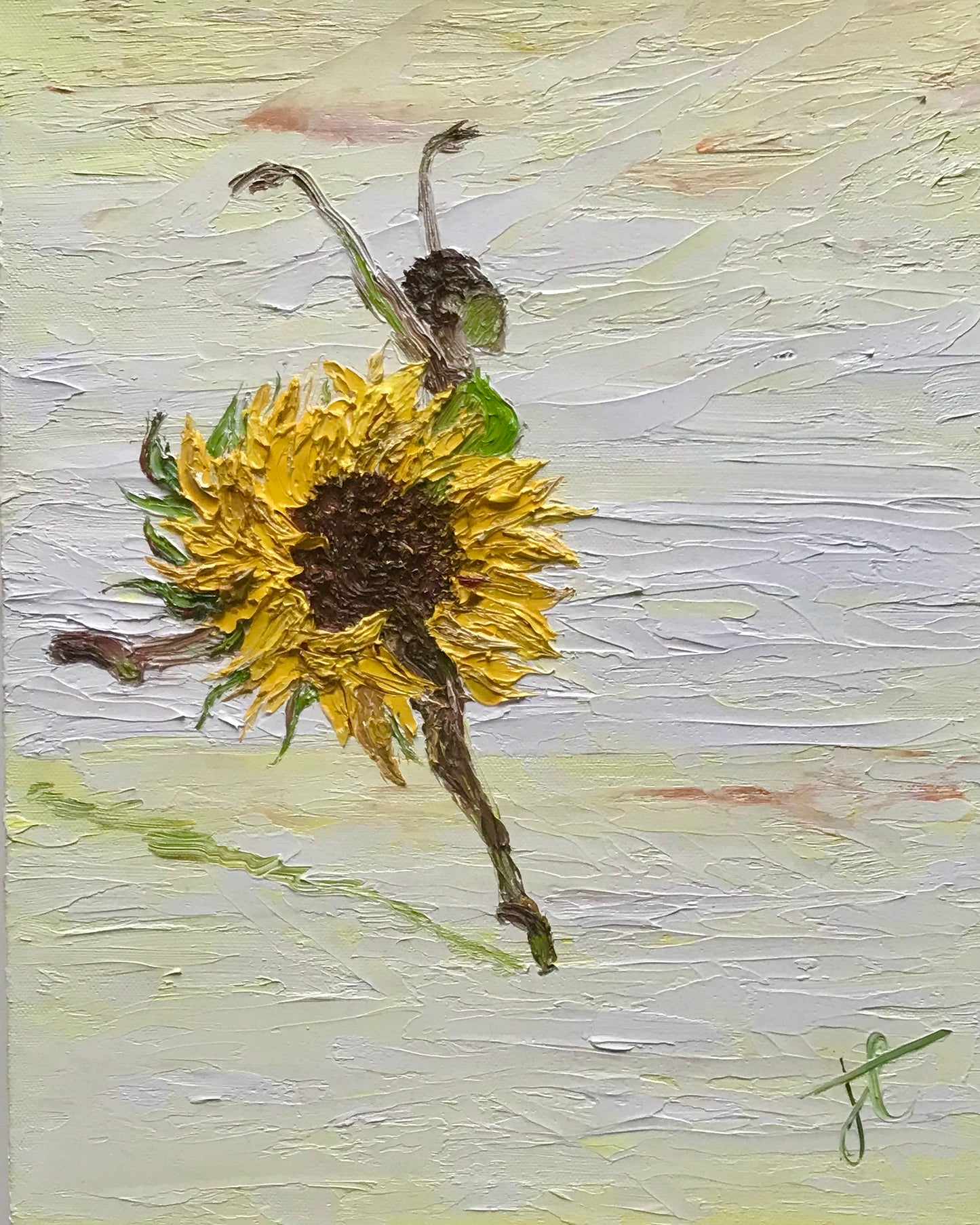 Painting shown cropped to edges: a ballerina stands poised en pointe, depicted from the side. Her arms are raised aloft and her leg is extended behind her in attitude. Her tutu has a bright green bodice and the skirt is a large sunflower. The background is textured with visible light yellow and white brushstrokes.