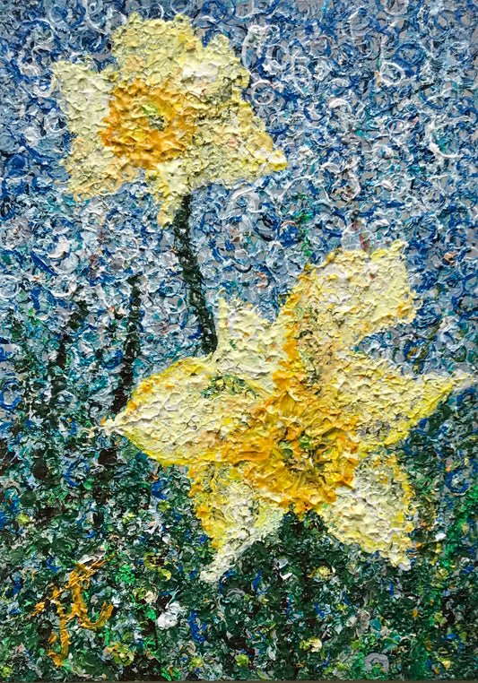 Painting shown cropped to edges: Two daffodils blooming in a garden setting. The surface of the painting comprises layers and layers of tiny circles.