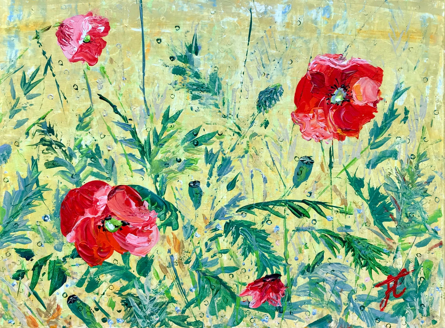 Painting cropped to edge: red poppies bloom against a yellow background.