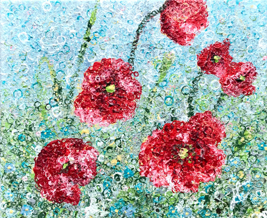 Painting cropped to edge: red poppies bloom against a blue sky and green foliage with blue forget-me-nots interspersed. The image comprises layers of different sized circles.