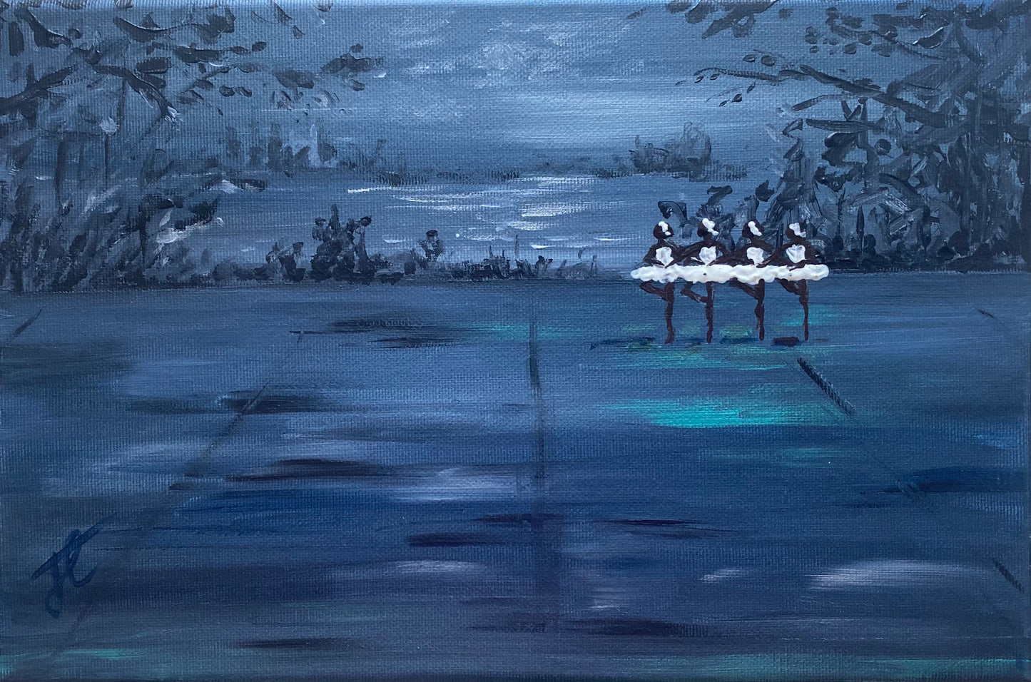 Painting of ballet stage with four dancers performing the dance of the little swans. They are positioned towards the back of the stage. The backdrop has trees and a lake.