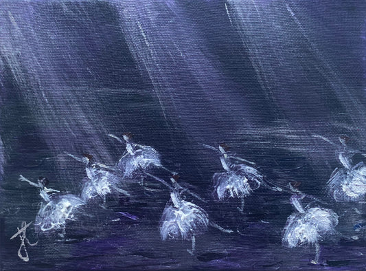 Painting of 7 ballerinas in rows on a purple stage. The spotlights form diagonals from the top left corner towards the figures. The dancers are poised in arabesque and wear romantic tutus.