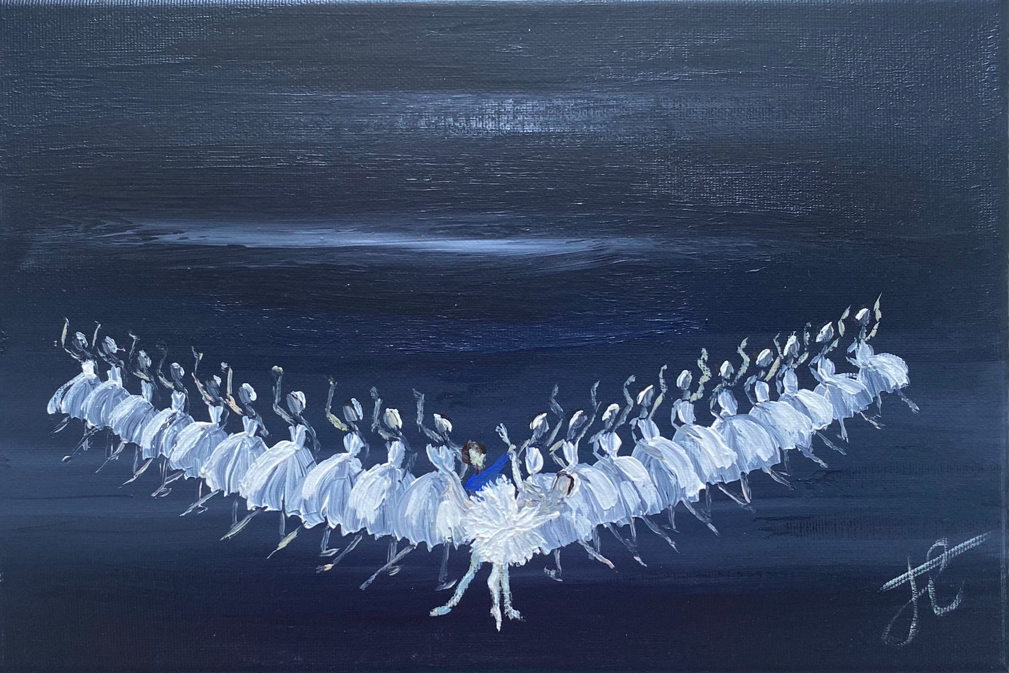 Painting of ballerina in swan costume supported by a danseur as she leans forward. Behind them the corps de ballet in long romantic swan tutus are positioned in a v-formation.