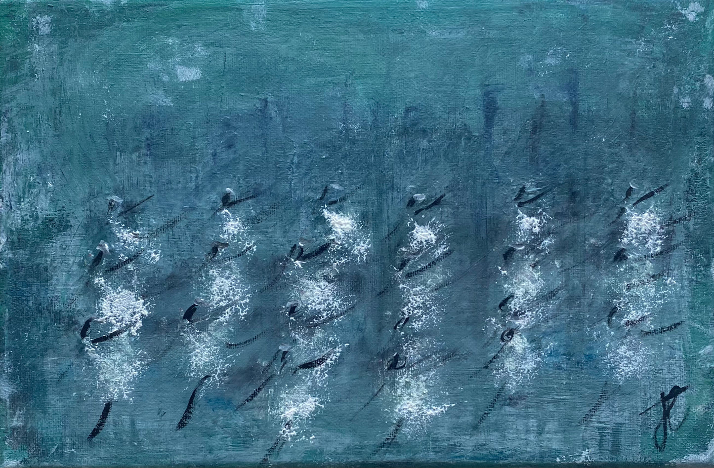 Painting of ballerinas in white against a green stage. The figures and their white costumes are rendered in a stylised way.