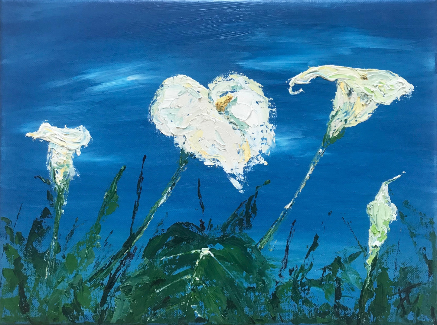 White arum lilies bloom against blue sky painting