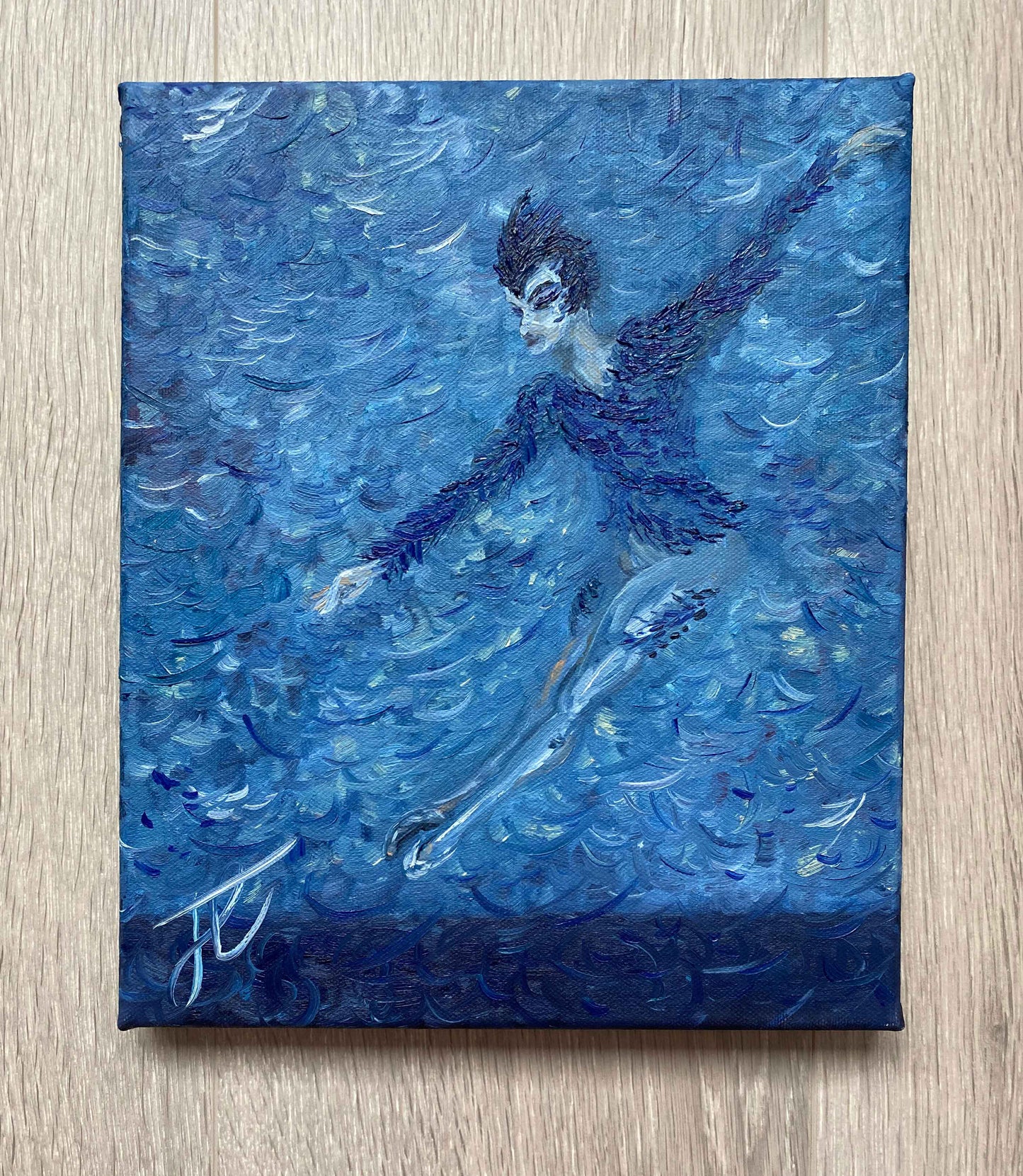 Oil painting in blue of male danseur midleap in bluebird costume original