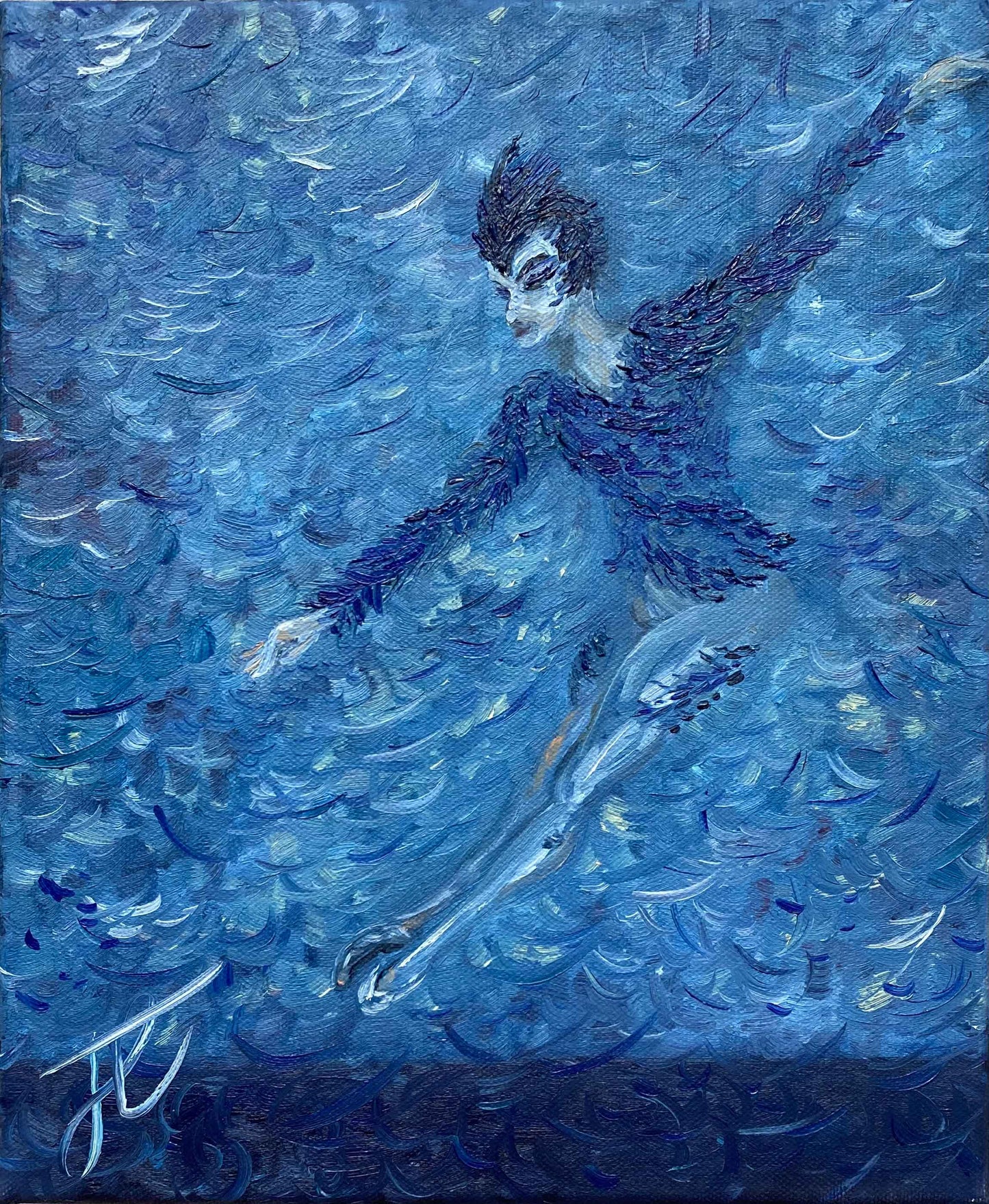 Oil painting in blue of male danseur midleap in bluebird costume