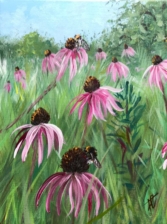 Flower painting of bees alighting on echinacea purpurea growing in a meadow