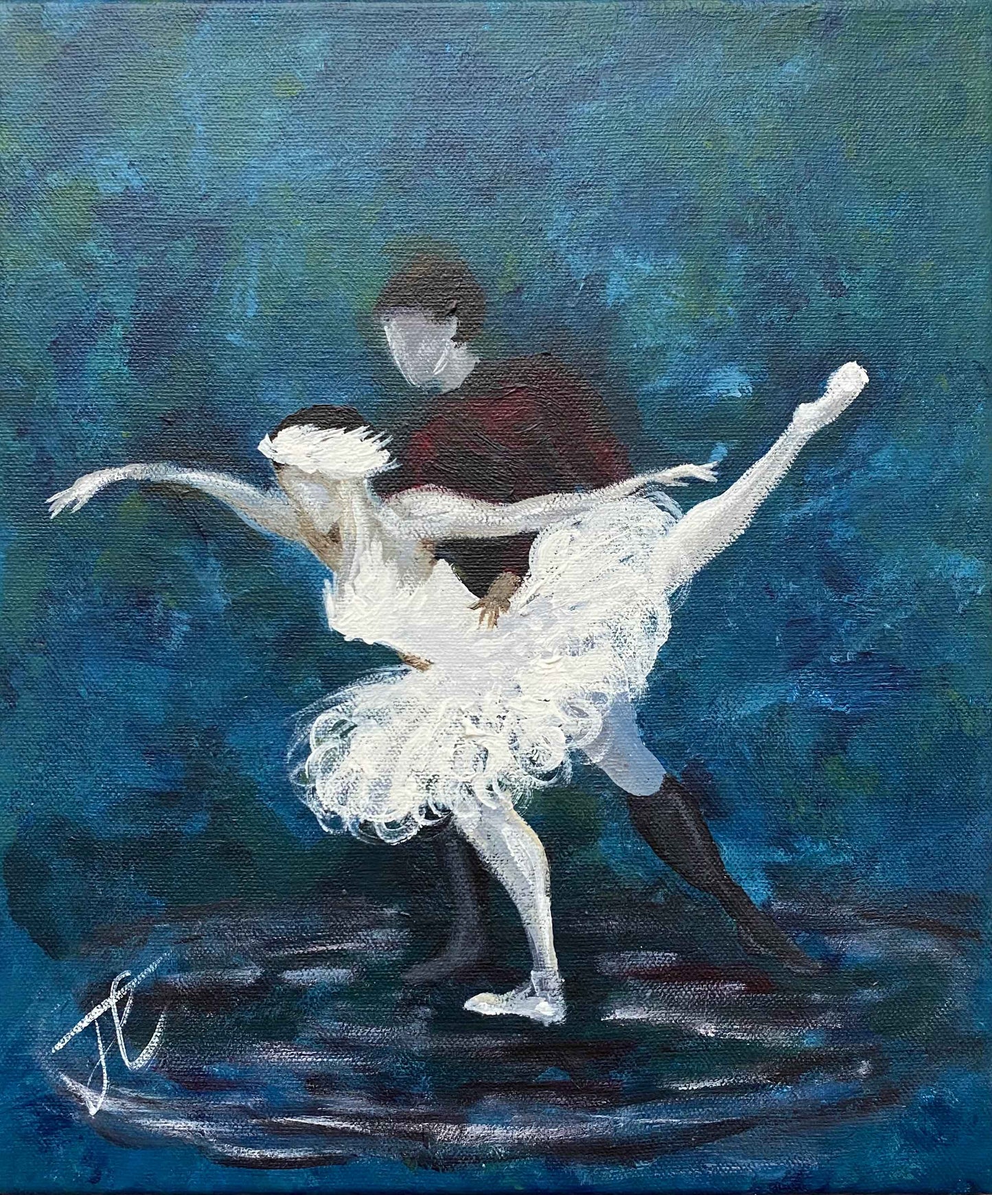 Painting of Odette and Siegfried with blue-green background