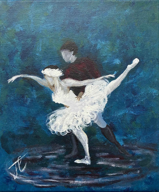Painting of Odette and Siegfried with blue-green background