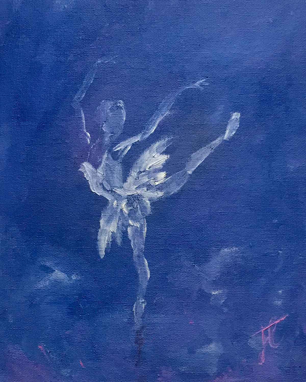 Oil painting cropped to edge: a ballerina in swan costume and pose painted in white against a blue background. Both arms raised aloft and her left leg raised high. Her head is turned towards her left so that she is looking towards her raised leg.