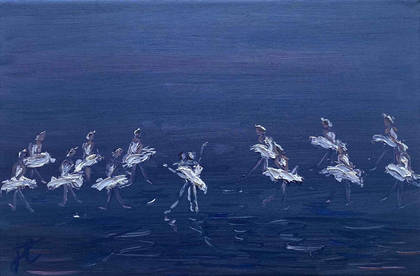 Painting of ballerina in swan costume poised centre stage in arabesque, supported by a danseur. Behind them are 12 dancers in swan costumes arranged in two rows.