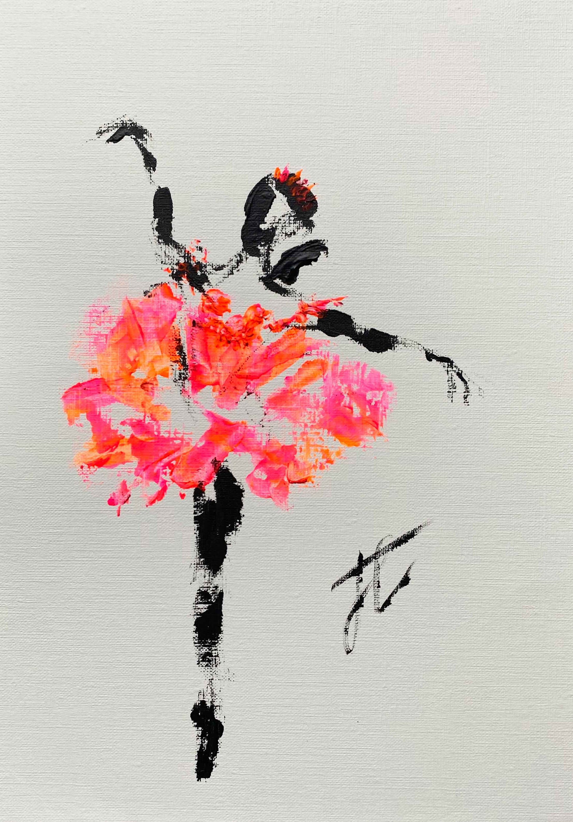 Ballerina figure in black poised in attitude with neon pink and orange tutu
