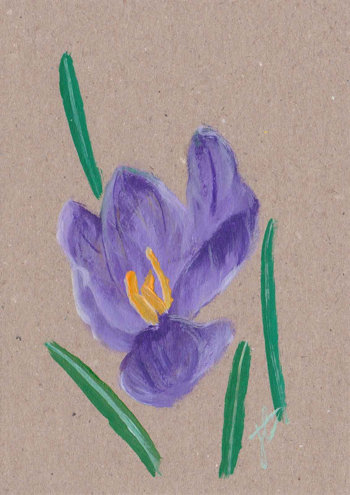 Painted purple crocus flower on kraft card