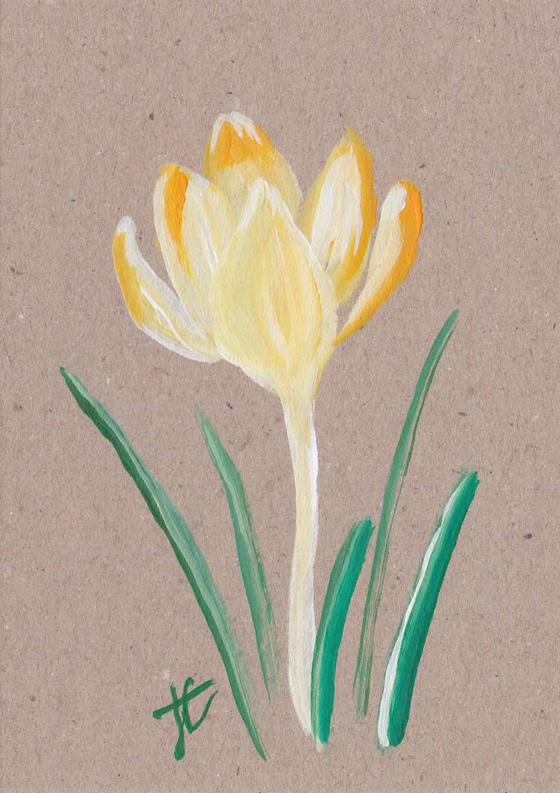 Painted yellow crocus flower on kraft card