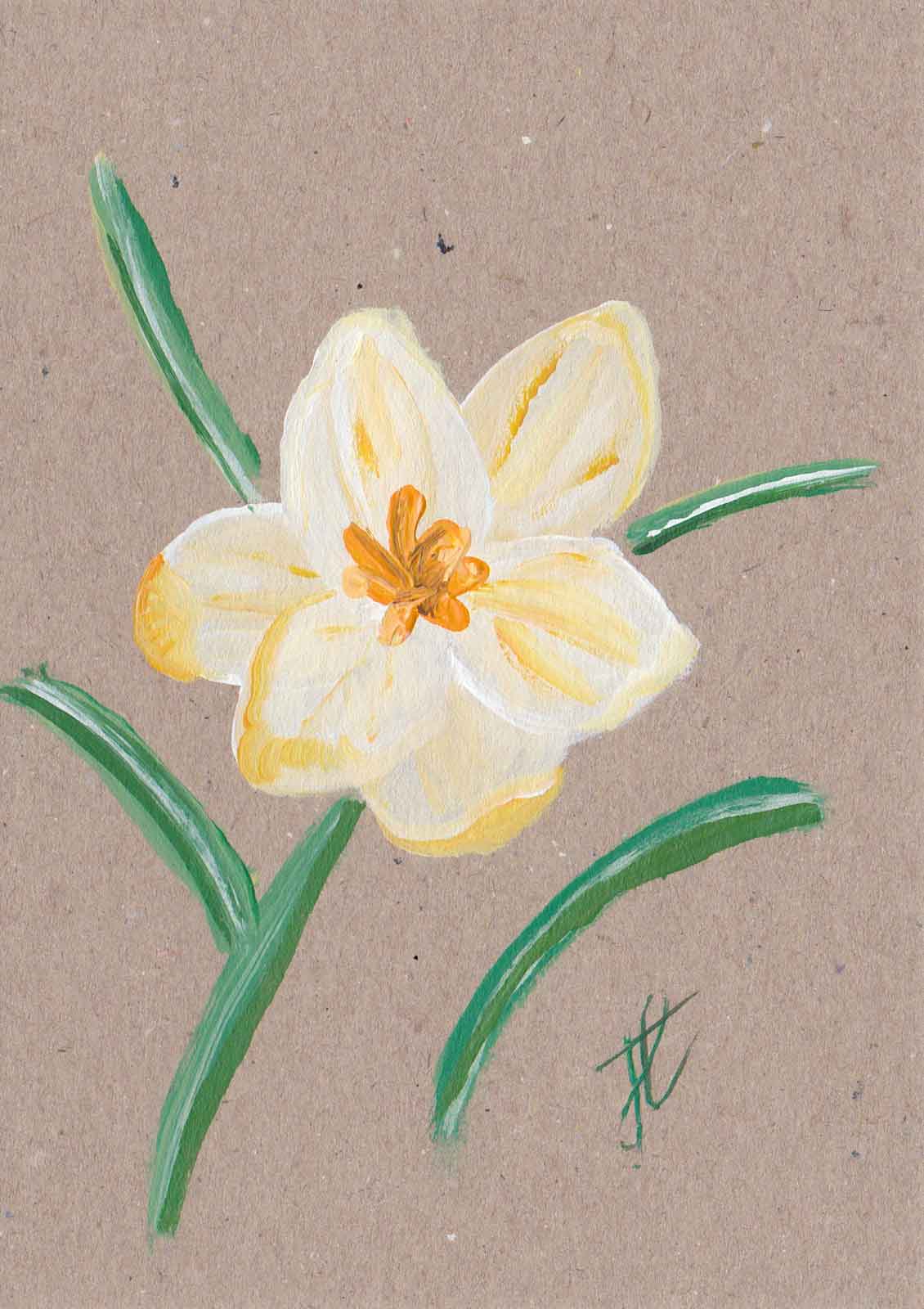 Painted yellow crocus flower on kraft card