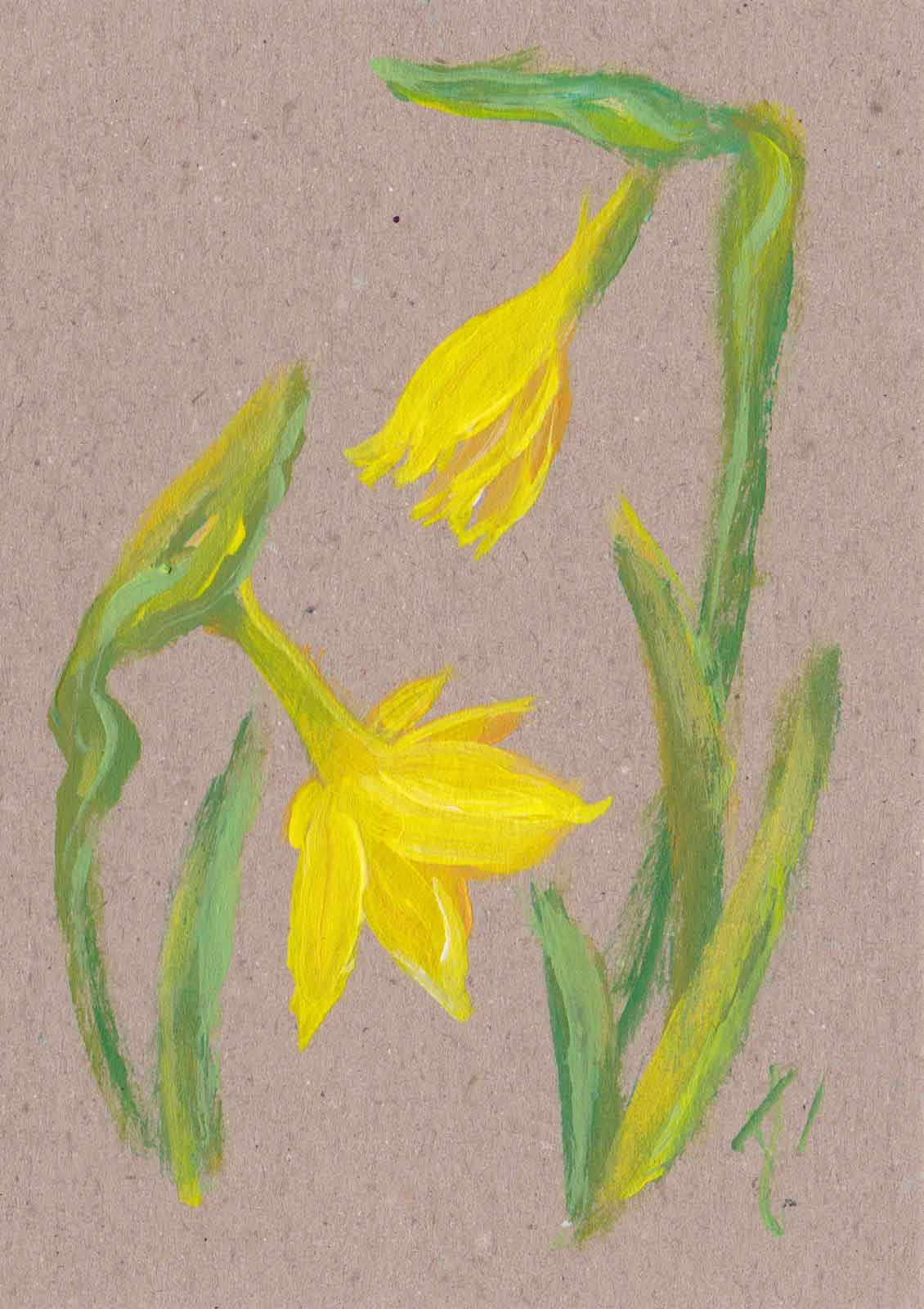 Painted yellow daffodil flowers on kraft card