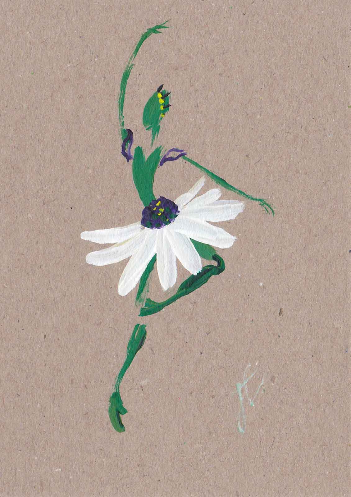 Ballerina in daisy tutu – painted design on brown note card
