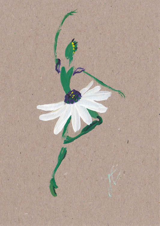 Ballerina in daisy tutu – painted design on brown note card