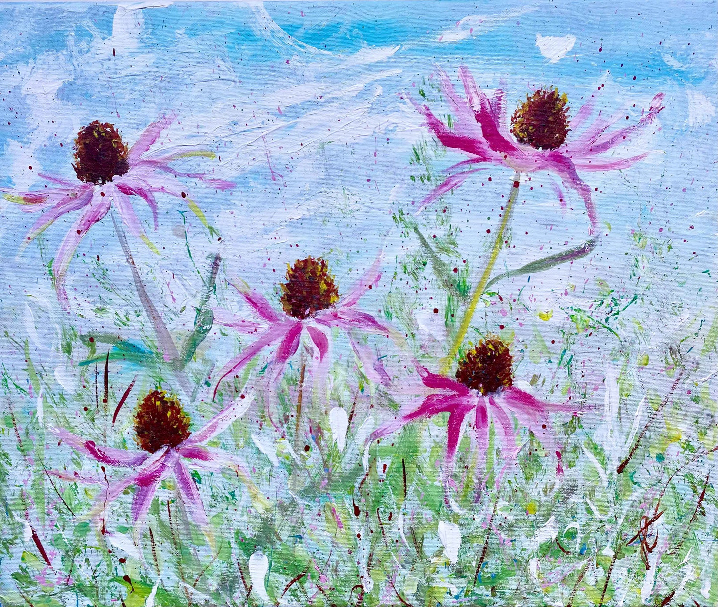 Flower painting of 5 echinacea blooms in outdoor setting
